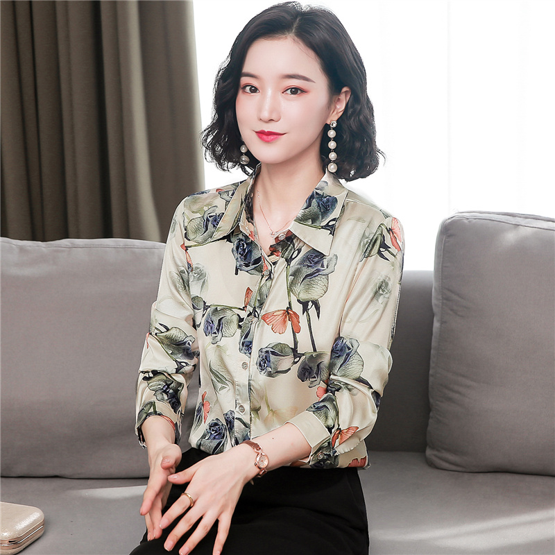 Fashion long sleeve tops silk printing shirt for women