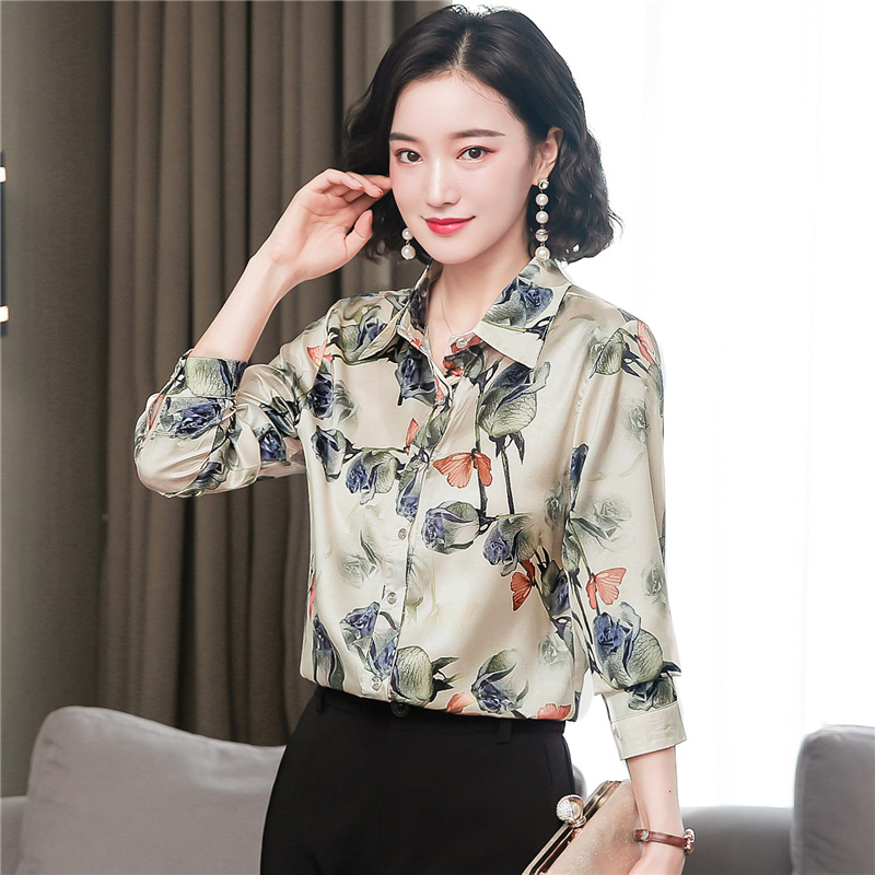 Fashion long sleeve tops silk printing shirt for women