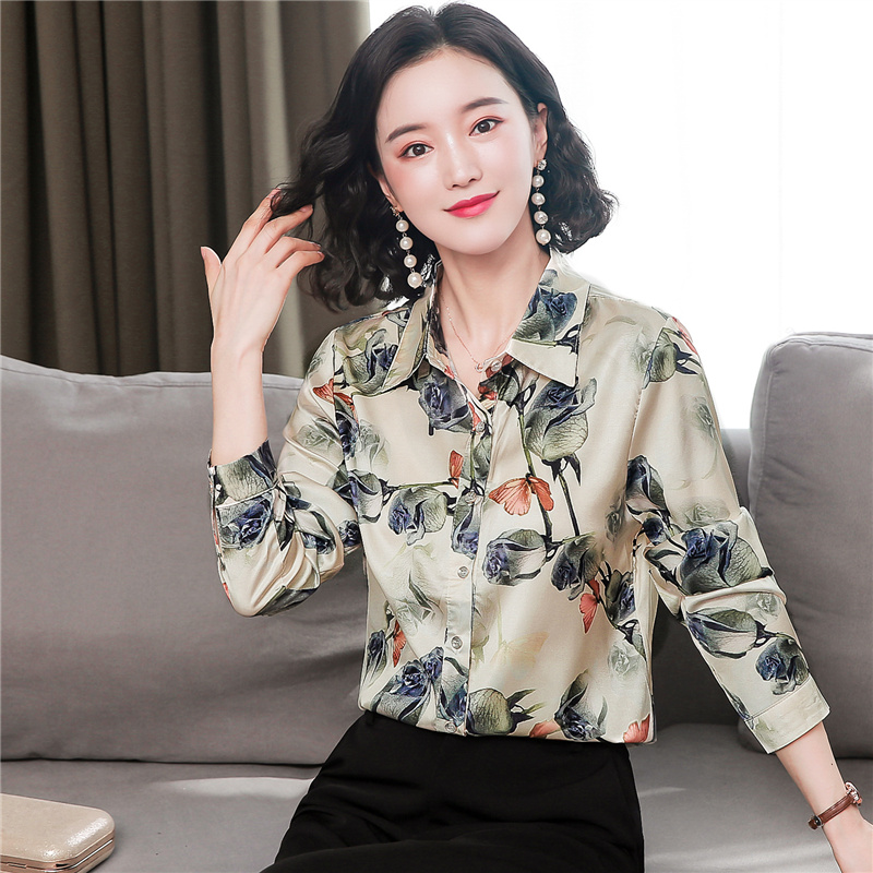 Fashion long sleeve tops silk printing shirt for women