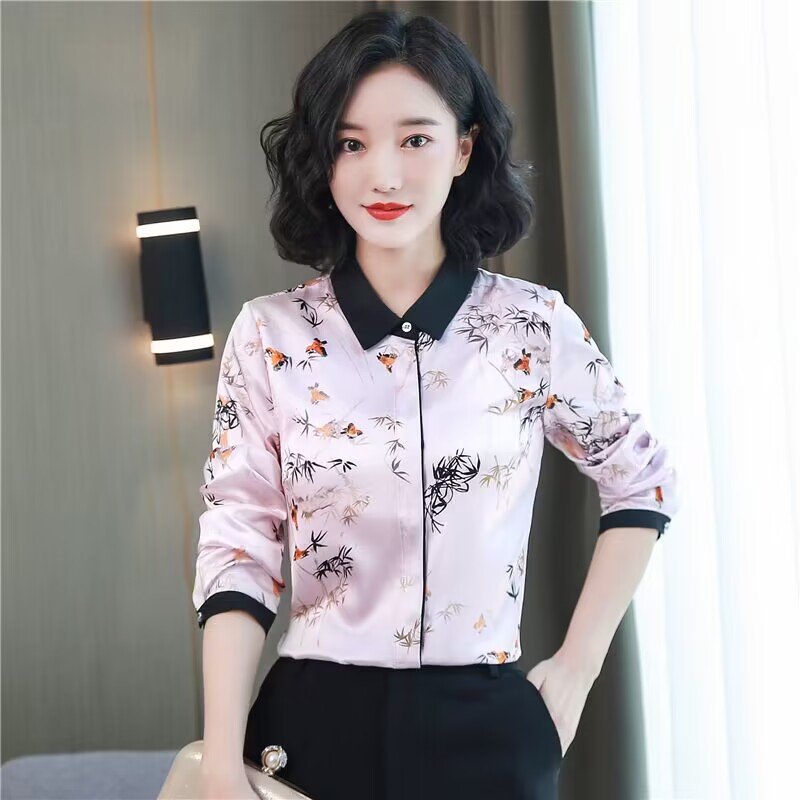 Satin silk real silk tops long sleeve fashion autumn shirt