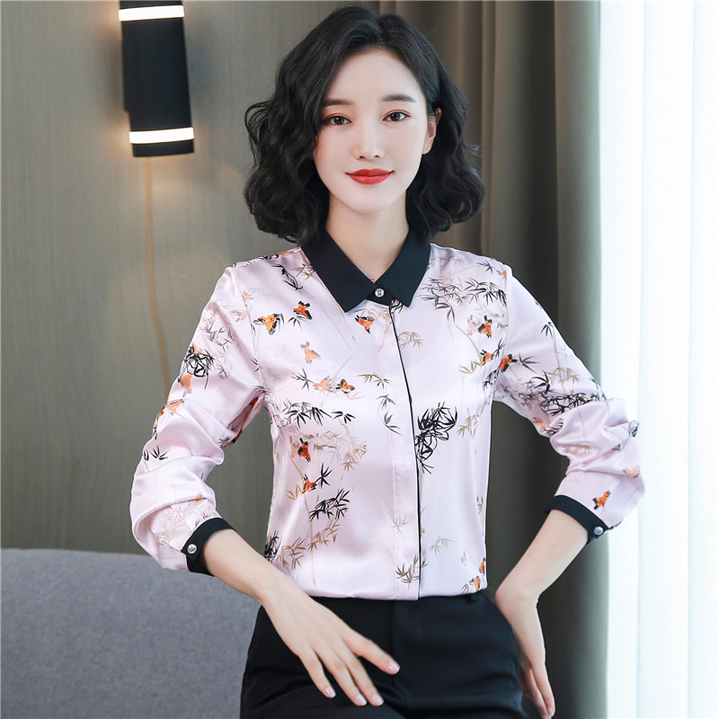 Satin silk real silk tops long sleeve fashion autumn shirt