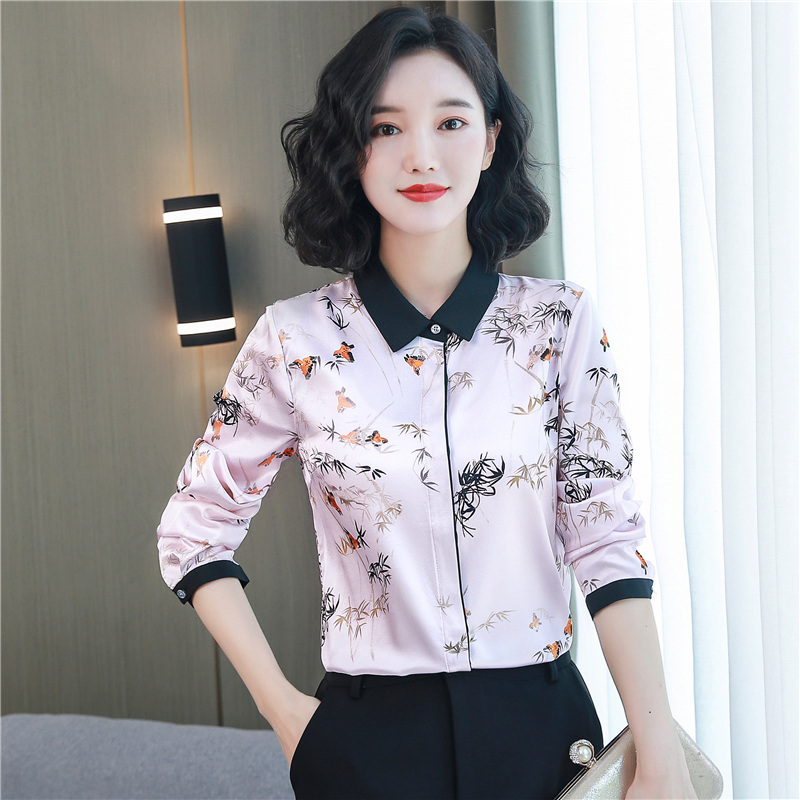 Satin silk real silk tops long sleeve fashion autumn shirt