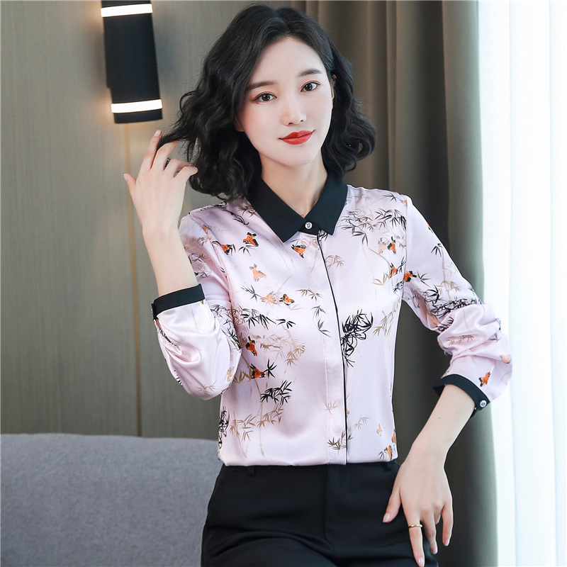 Satin silk real silk tops long sleeve fashion autumn shirt