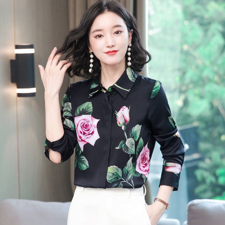 Printing real silk tops temperament long sleeve shirt for women