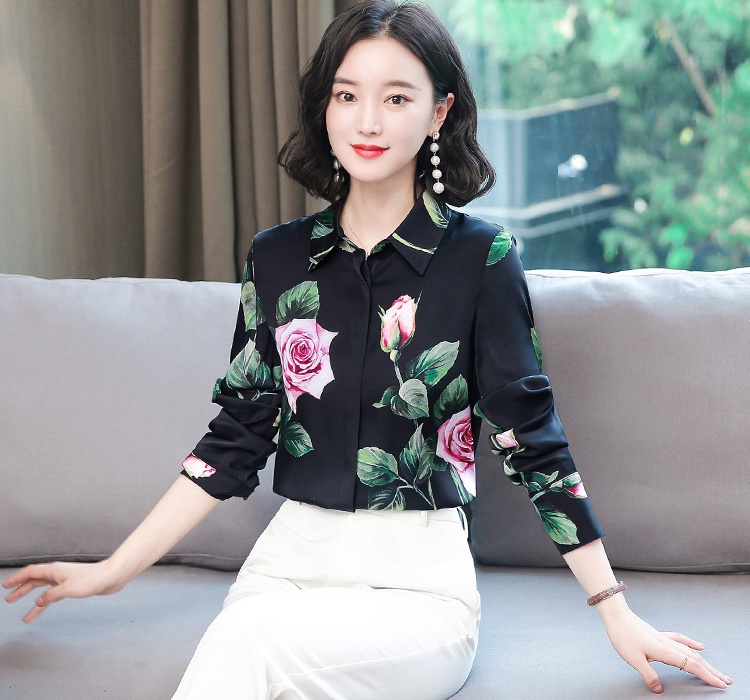 Printing real silk tops temperament long sleeve shirt for women