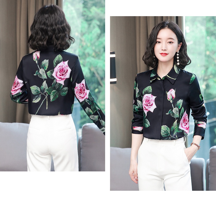 Printing real silk tops temperament long sleeve shirt for women