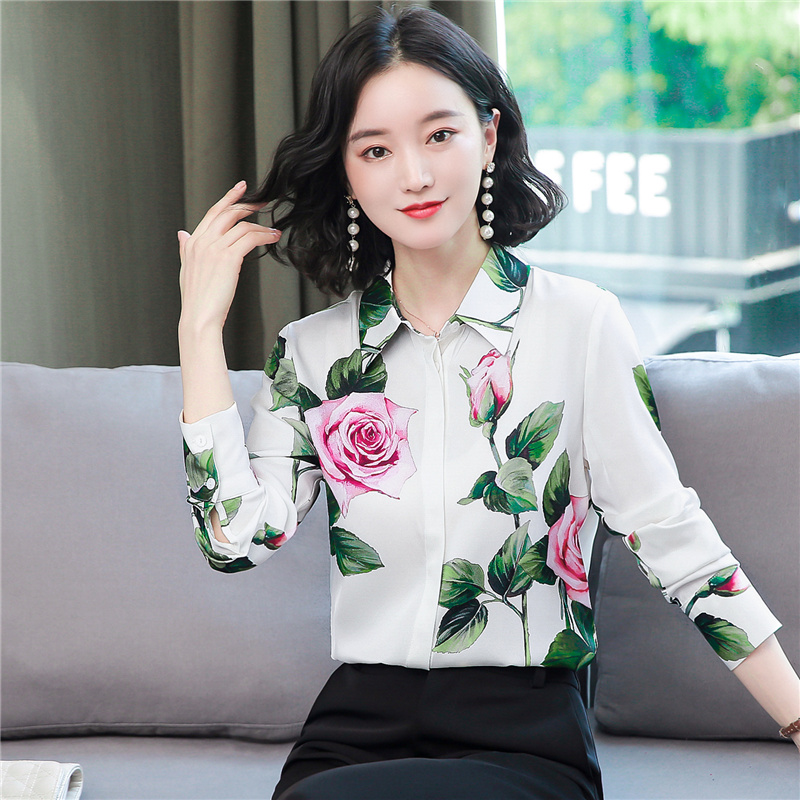 Printing real silk tops temperament long sleeve shirt for women