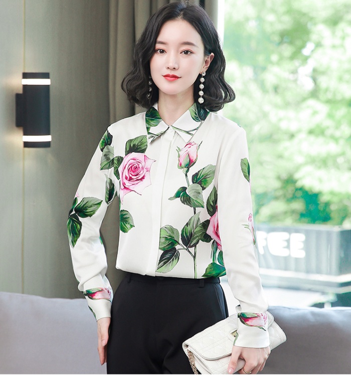 Printing real silk tops temperament long sleeve shirt for women