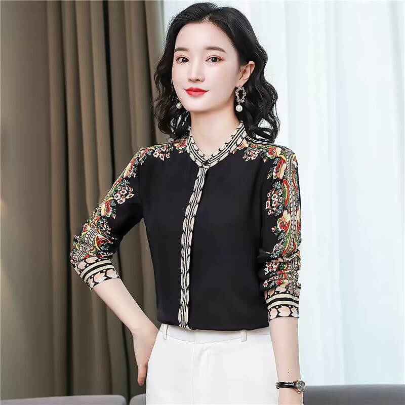 Real silk printing shirt long sleeve tops for women