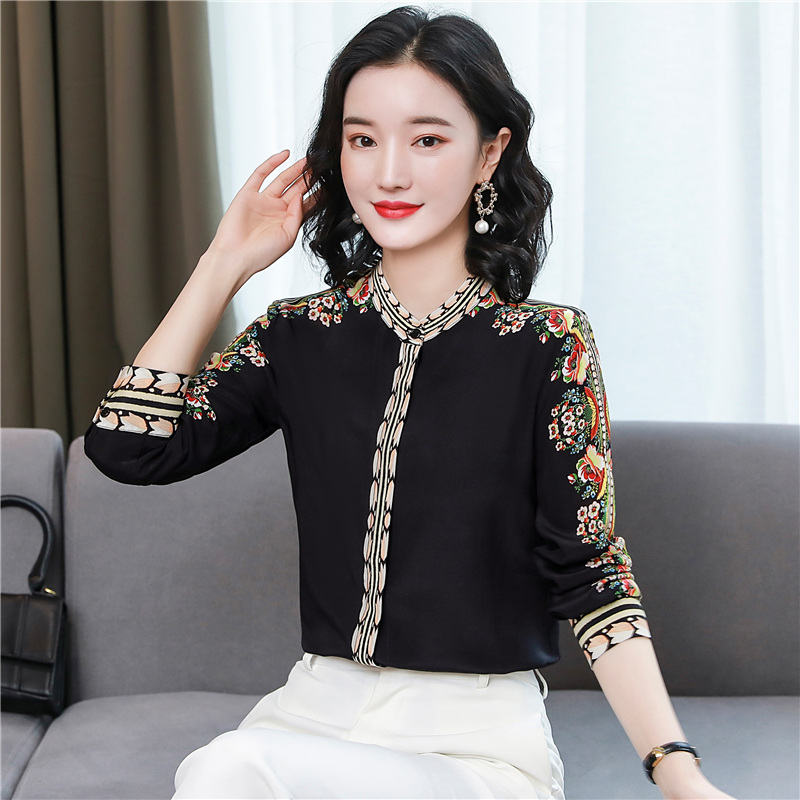 Real silk printing shirt long sleeve tops for women