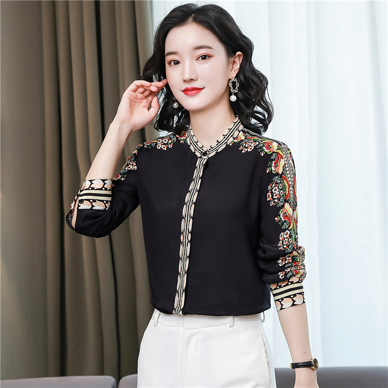 Real silk printing shirt long sleeve tops for women