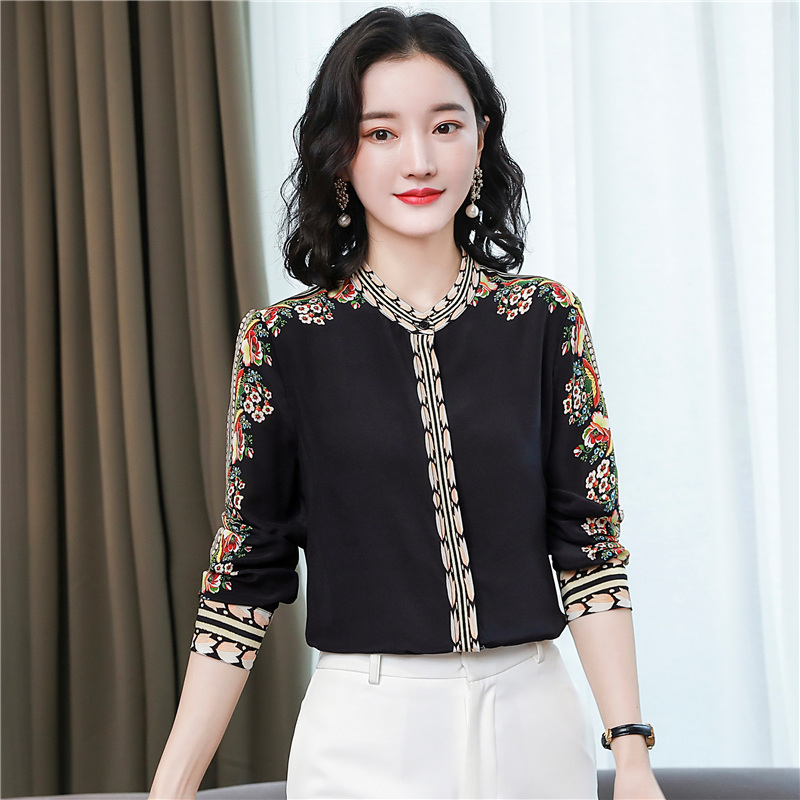 Real silk printing shirt long sleeve tops for women