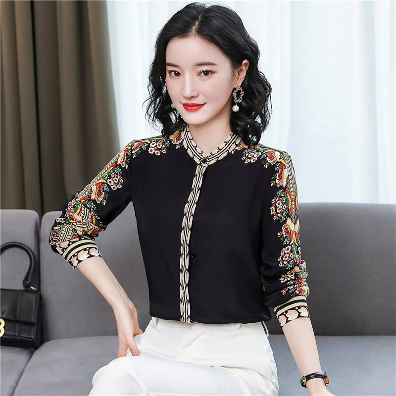 Real silk printing shirt long sleeve tops for women