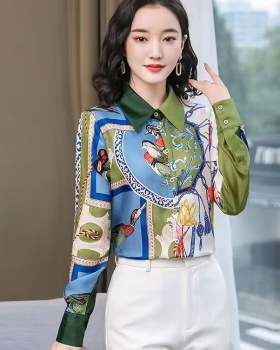 Lapel mixed colors real silk tops satin silk shirt