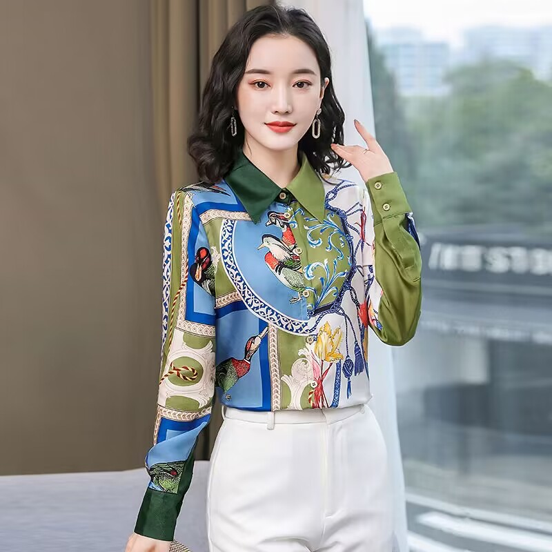 Lapel mixed colors real silk tops satin silk shirt