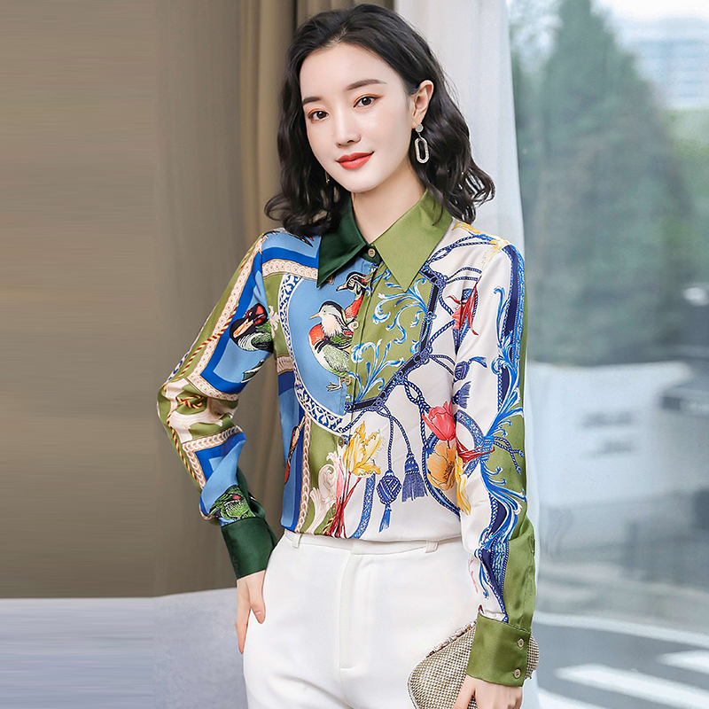 Lapel mixed colors real silk tops satin silk shirt