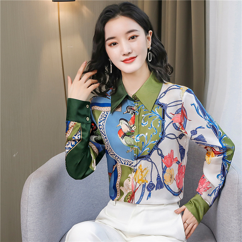 Lapel mixed colors real silk tops satin silk shirt