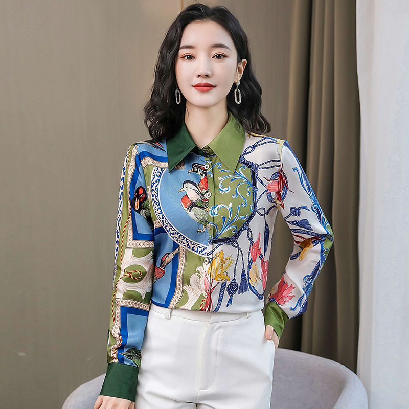 Lapel mixed colors real silk tops satin silk shirt
