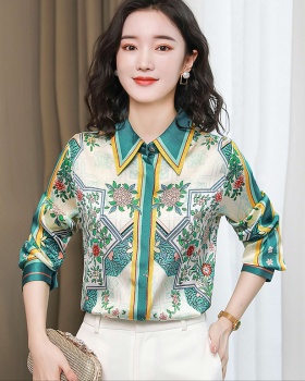 Satin fashion real silk shirt printing silk loose tops