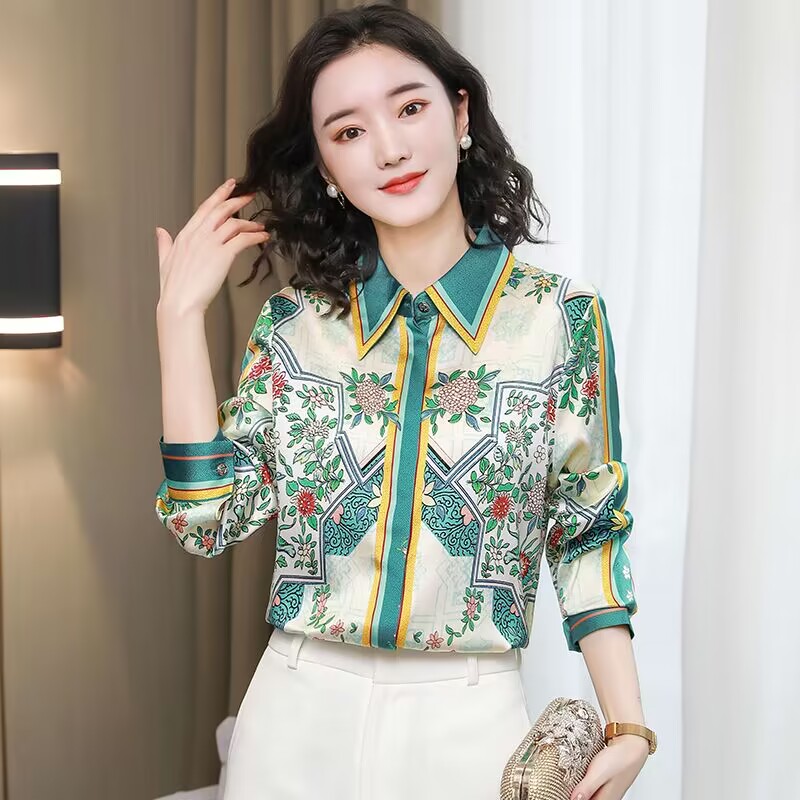 Satin fashion real silk shirt printing silk loose tops