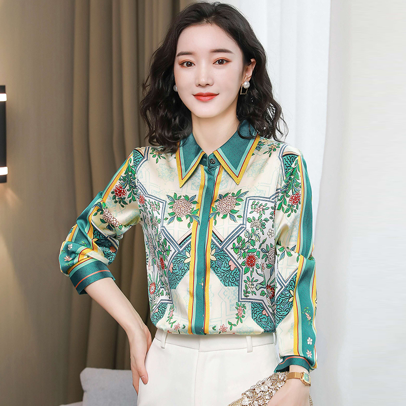 Satin fashion real silk shirt printing silk loose tops