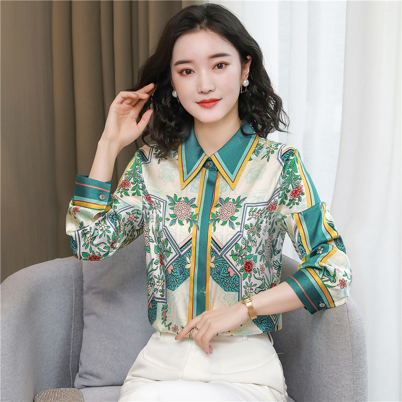Satin fashion real silk shirt printing silk loose tops