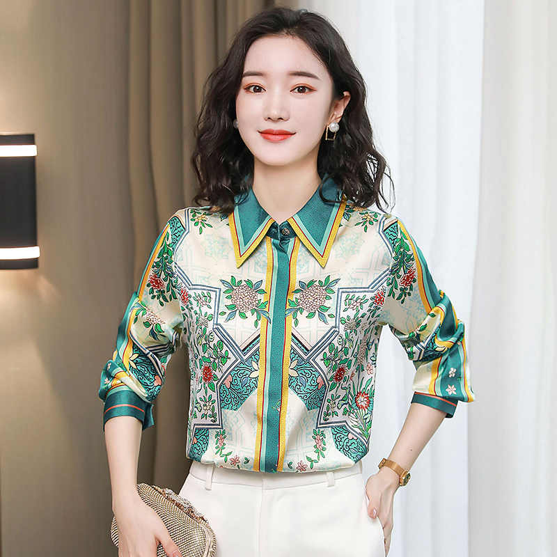 Satin fashion real silk shirt printing silk loose tops
