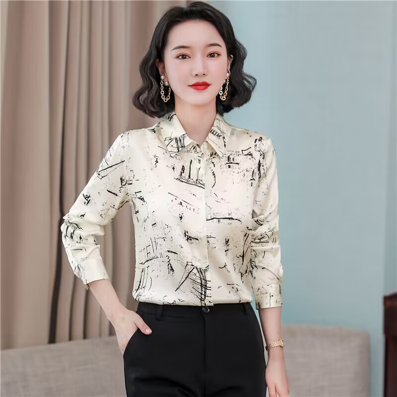 Real silk elegant autumn temperament printing shirt for women