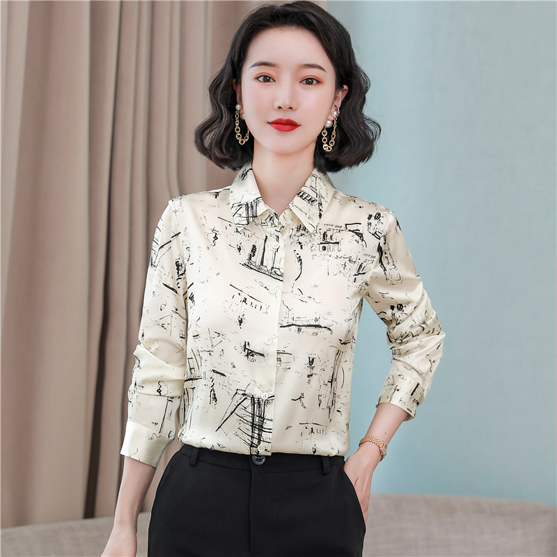 Real silk elegant autumn temperament printing shirt for women