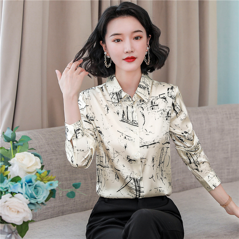 Real silk elegant autumn temperament printing shirt for women