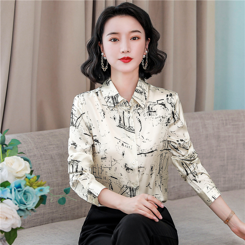 Real silk elegant autumn temperament printing shirt for women