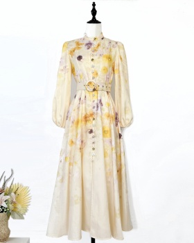 Single-breasted lantern sleeve belt printing niche dress