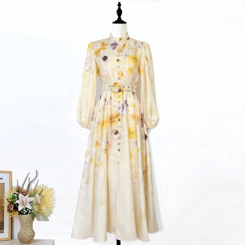 Single-breasted lantern sleeve belt printing niche dress