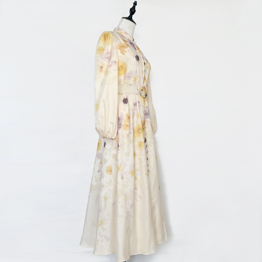 Single-breasted lantern sleeve belt printing niche dress