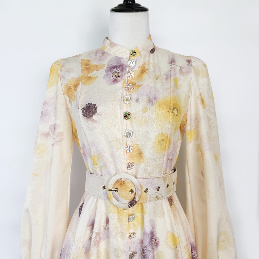 Single-breasted lantern sleeve belt printing niche dress