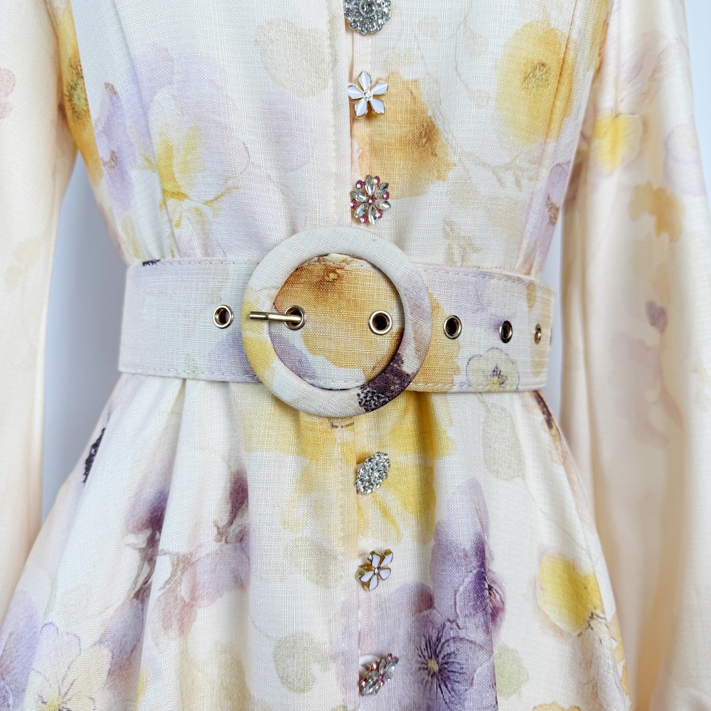 Single-breasted lantern sleeve belt printing niche dress