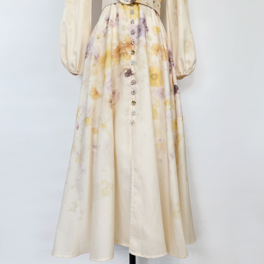 Single-breasted lantern sleeve belt printing niche dress
