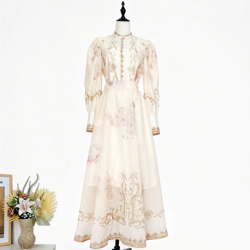 Long printing shirt half elastic waist skirt a set