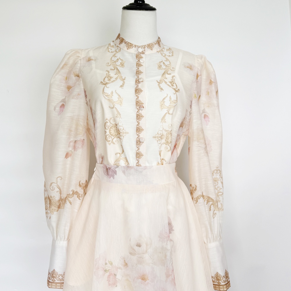 Long printing shirt half elastic waist skirt a set