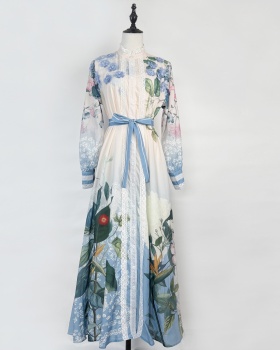 Lantern sleeve printing shirt long frenum dress
