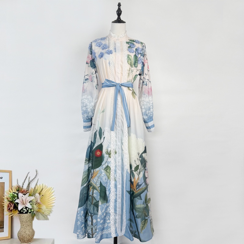Lantern sleeve printing shirt long frenum dress