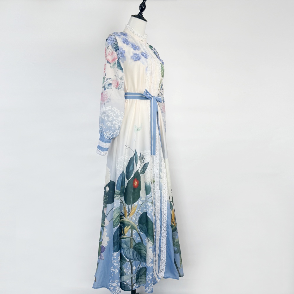 Lantern sleeve printing shirt long frenum dress