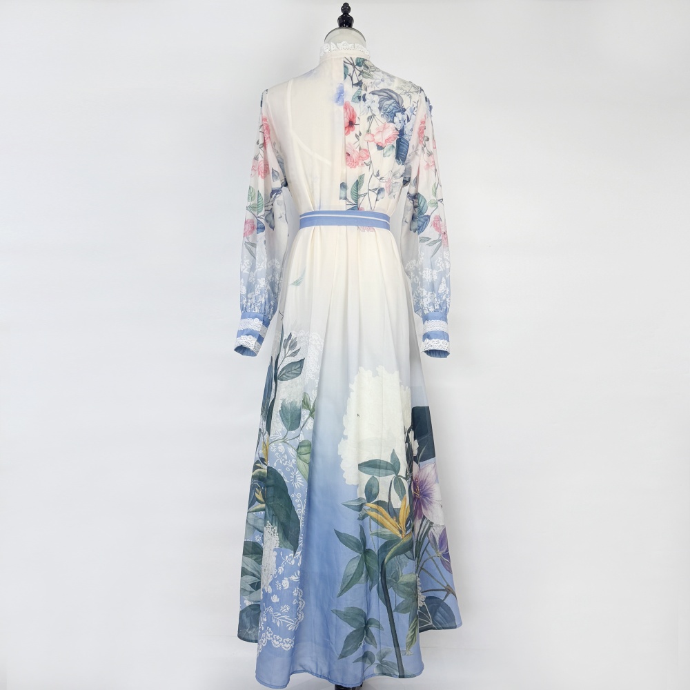 Lantern sleeve printing shirt long frenum dress