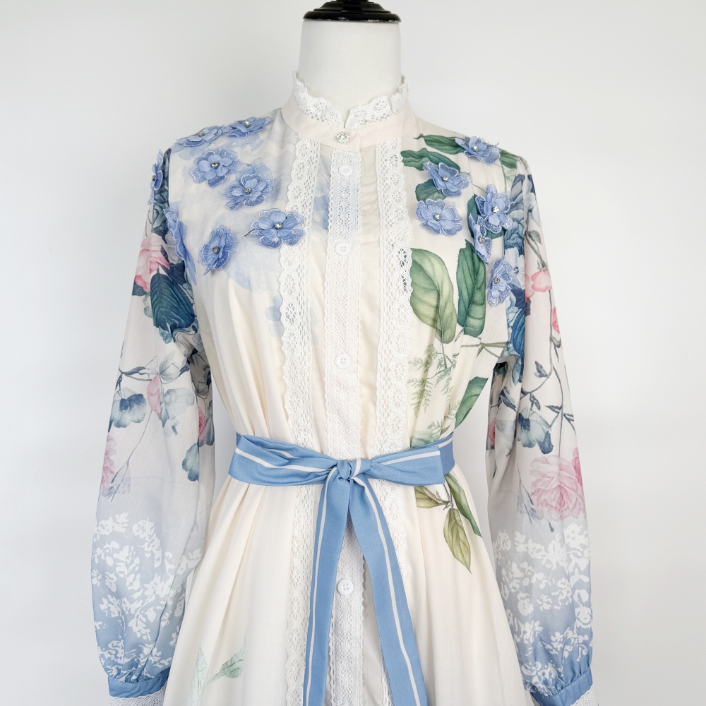 Lantern sleeve printing shirt long frenum dress