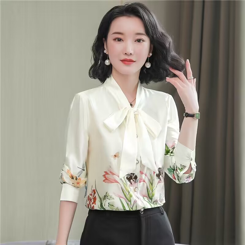 Spring real silk shirt Western style silk tops for women