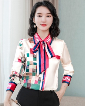 Spring and autumn bow tops printing shirt for women