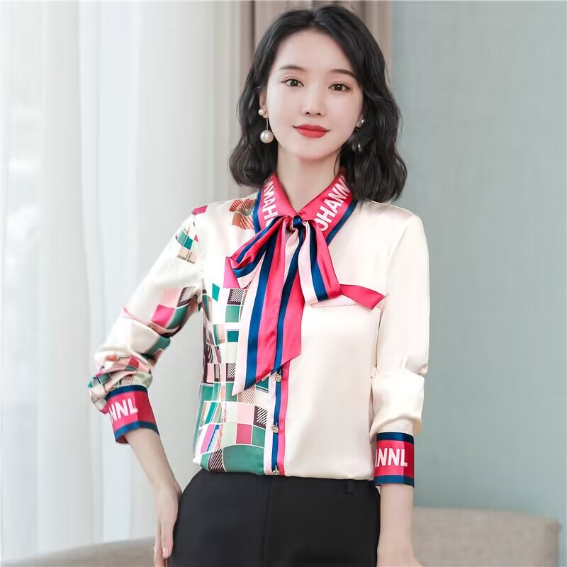 Spring and autumn bow tops printing shirt for women