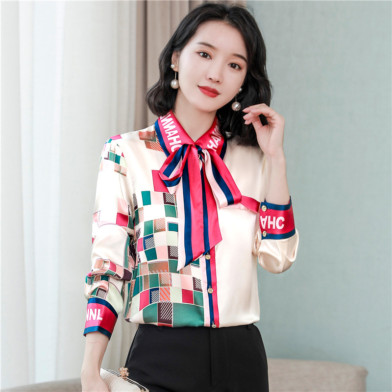 Spring and autumn bow tops printing shirt for women