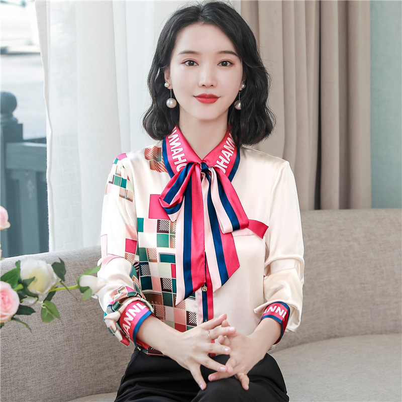 Spring and autumn bow tops printing shirt for women