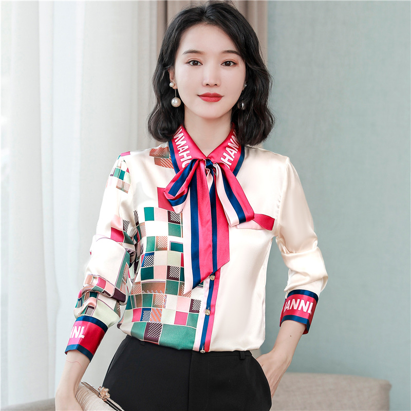 Spring and autumn bow tops printing shirt for women